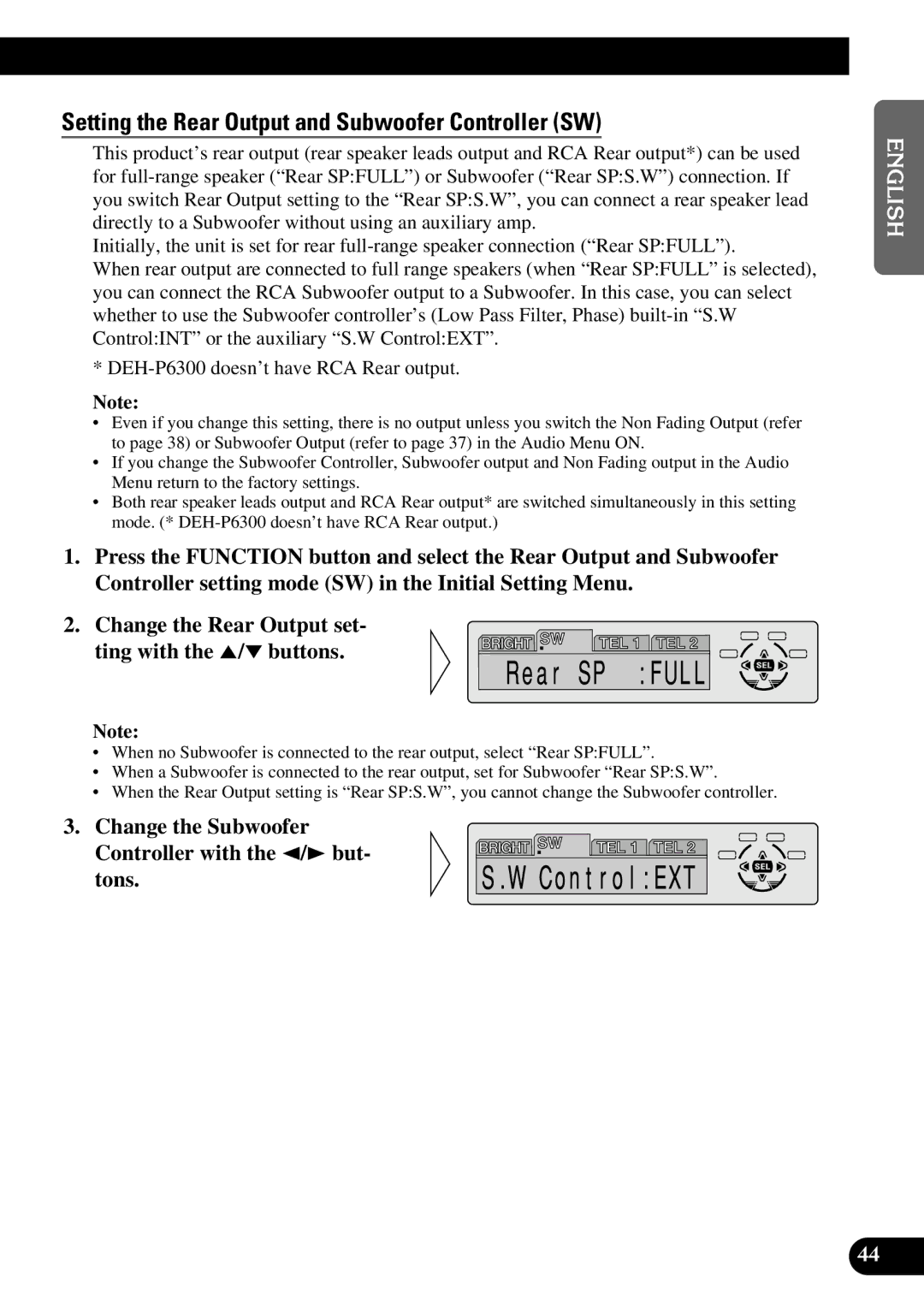 Pioneer DEH-P6300, DEH-P7300 operation manual Setting the Rear Output and Subwoofer Controller SW 