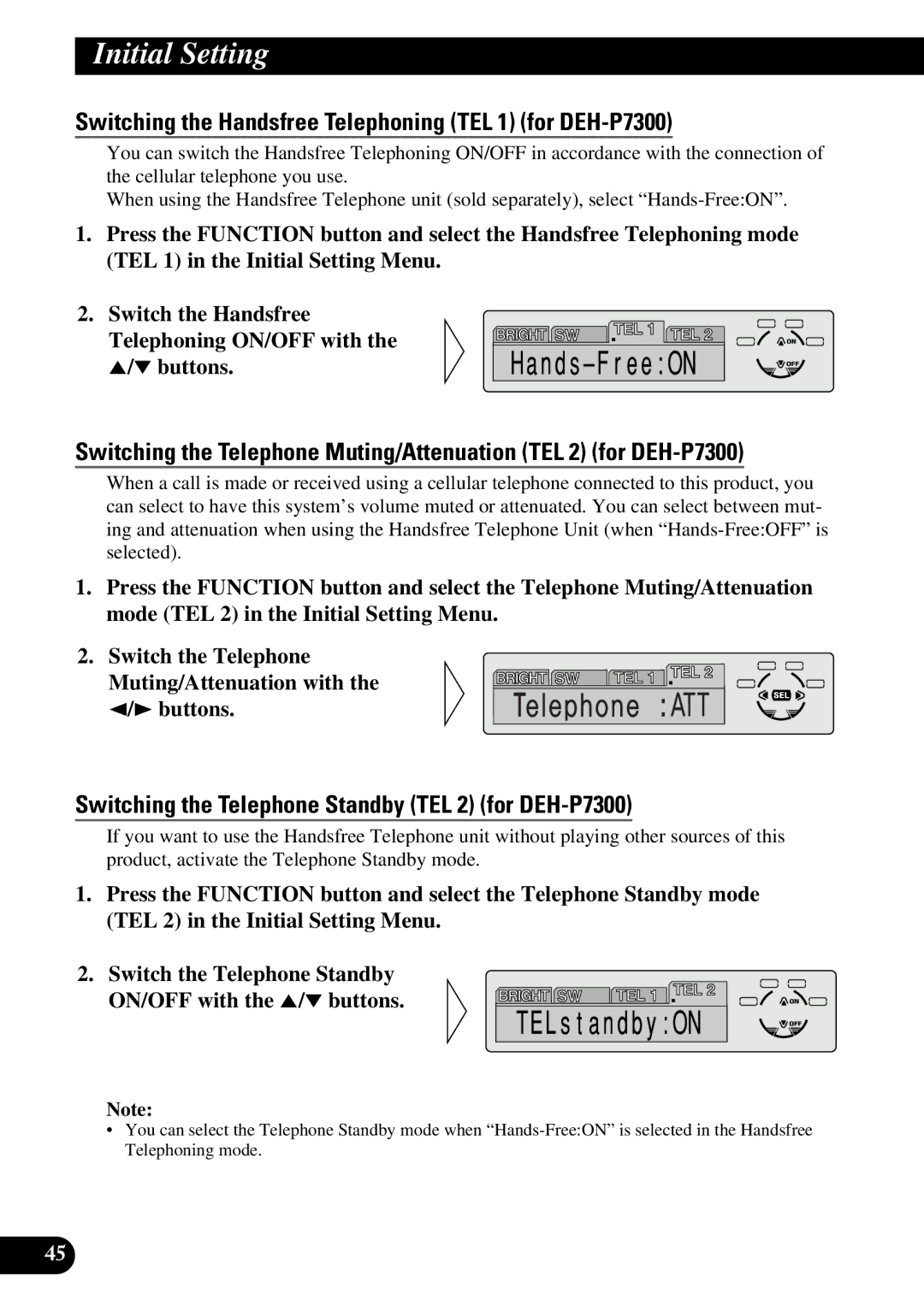 Pioneer DEH-P6300, DEH-P7300 operation manual Switching the Handsfree Telephoning TEL 1 for DEH-P7300 