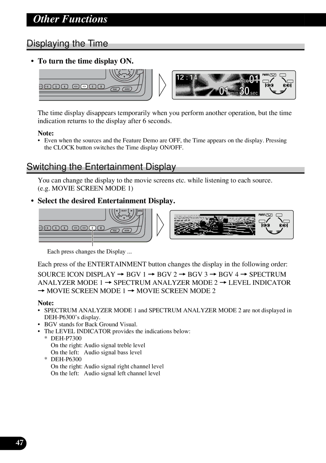 Pioneer DEH-P6300, DEH-P7300 operation manual Other Functions, Displaying the Time, Switching the Entertainment Display 