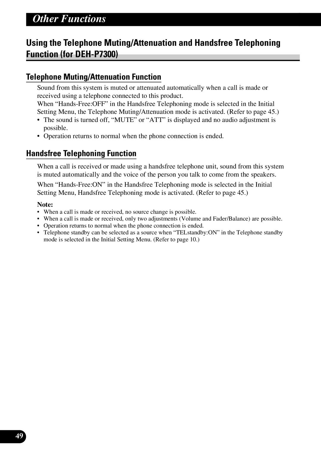 Pioneer DEH-P6300, DEH-P7300 operation manual Telephone Muting/Attenuation Function, Handsfree Telephoning Function 