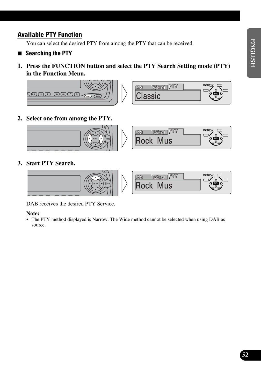 Pioneer DEH-P6300 Available PTY Function, Searching the PTY, Select one from among the PTY, Start PTY Search 