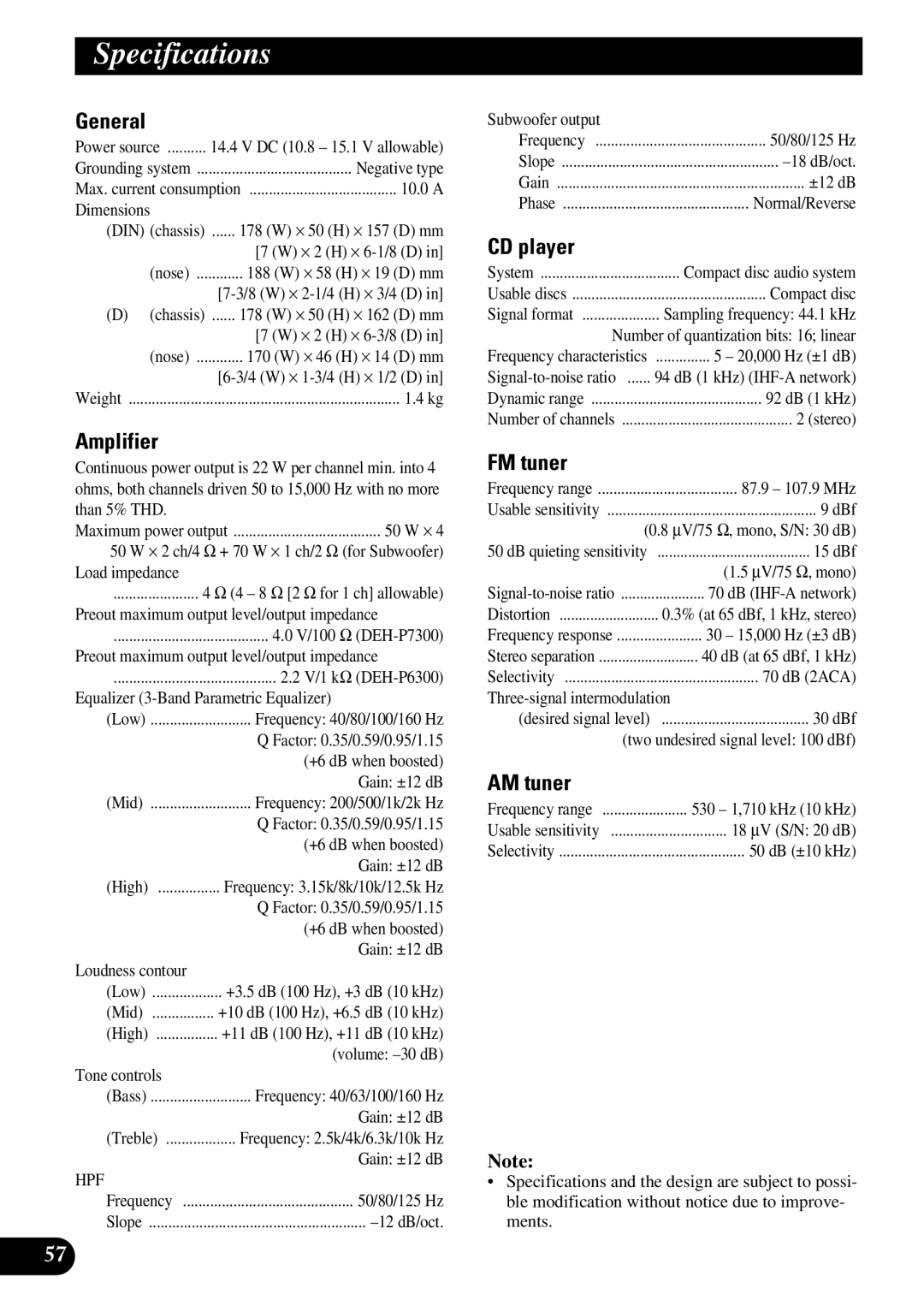 Pioneer DEH-P6300, DEH-P7300 operation manual Specifications 