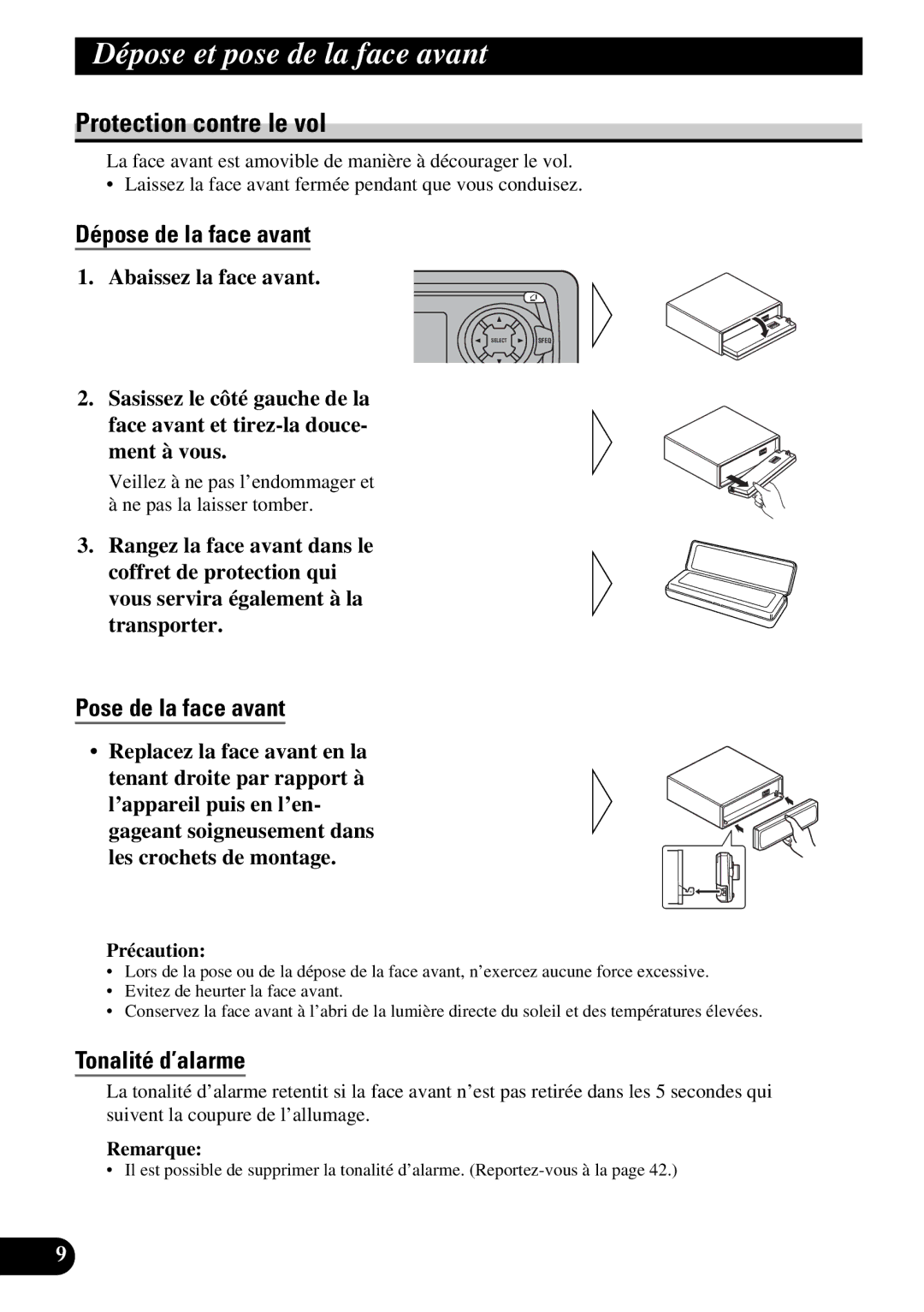 Pioneer DEH-P6300, DEH-P7300 Dépose et pose de la face avant, Protection contre le vol, Dépose de la face avant 