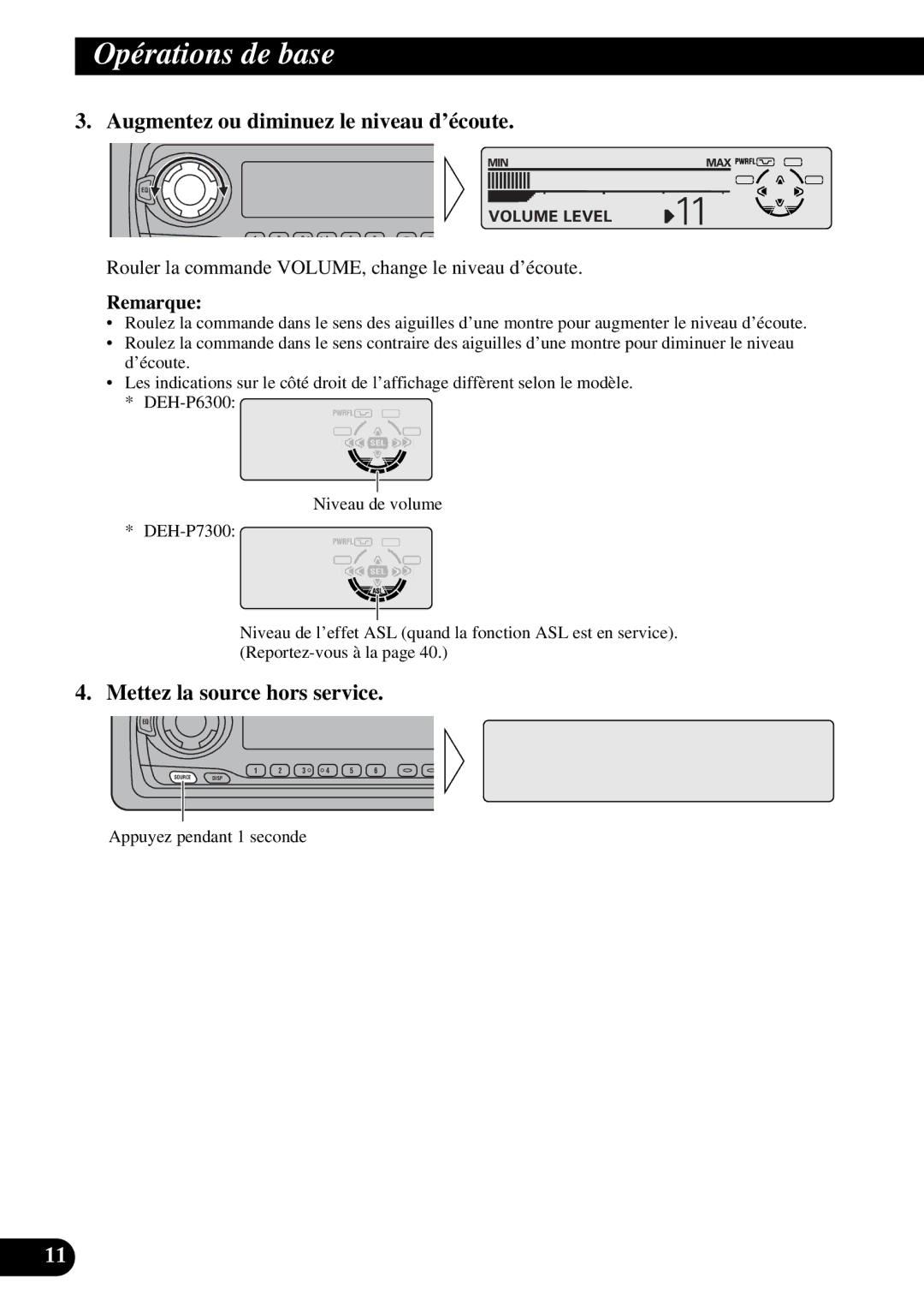 Pioneer DEH-P6300, DEH-P7300 operation manual Augmentez ou diminuez le niveau d’écoute, Mettez la source hors service 