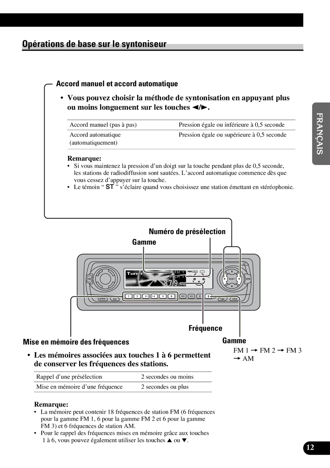 Pioneer DEH-P6300 Opérations de base sur le syntoniseur, Accord manuel et accord automatique, Numéro de présélection Gamme 