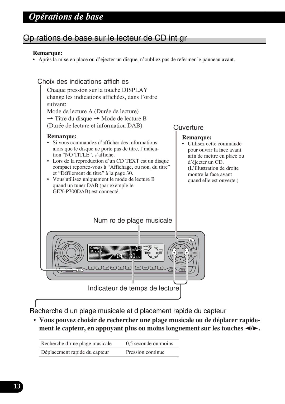 Pioneer DEH-P6300, DEH-P7300 Opérations de base sur le lecteur de CD intégré, Choix des indications affichées, Ouverture 