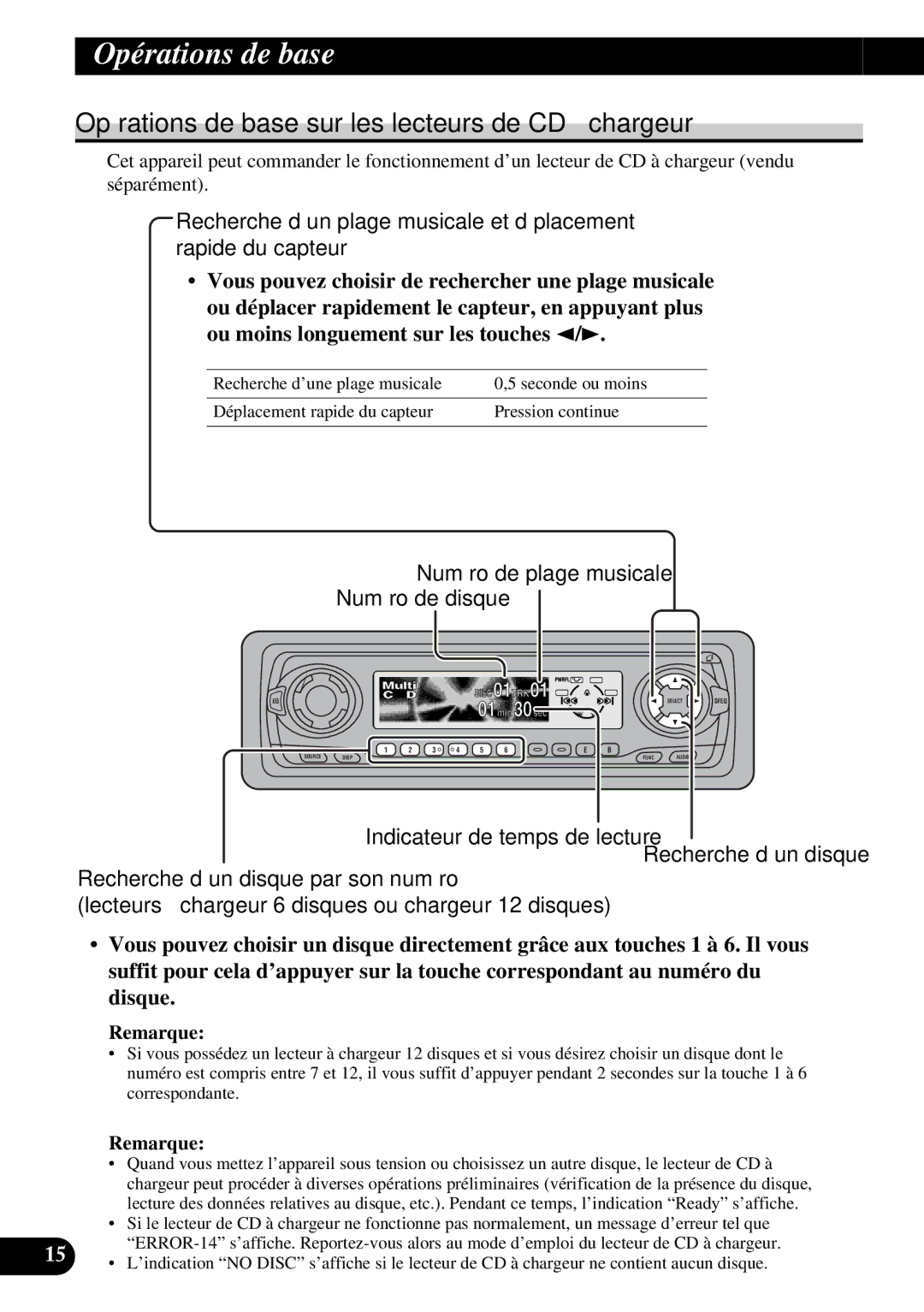 Pioneer DEH-P6300, DEH-P7300 operation manual Opérations de base sur les lecteurs de CD à chargeur 