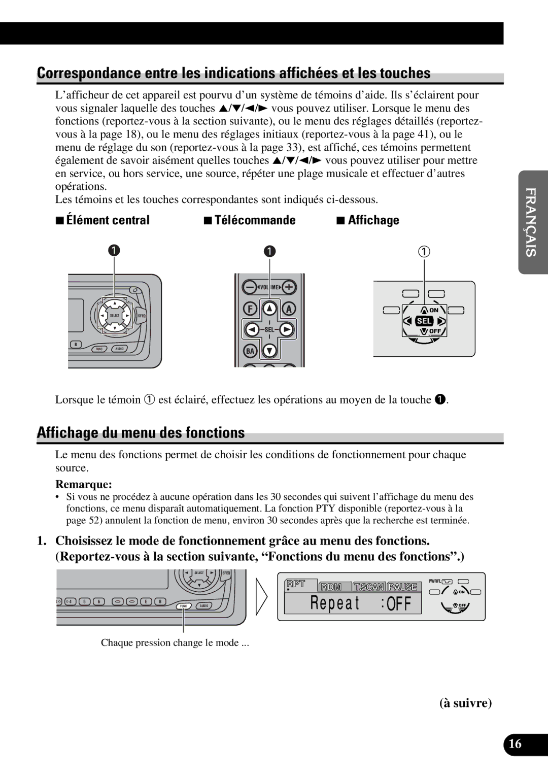 Pioneer DEH-P6300, DEH-P7300 operation manual Affichage du menu des fonctions, 7Élément central 7Télécommande 