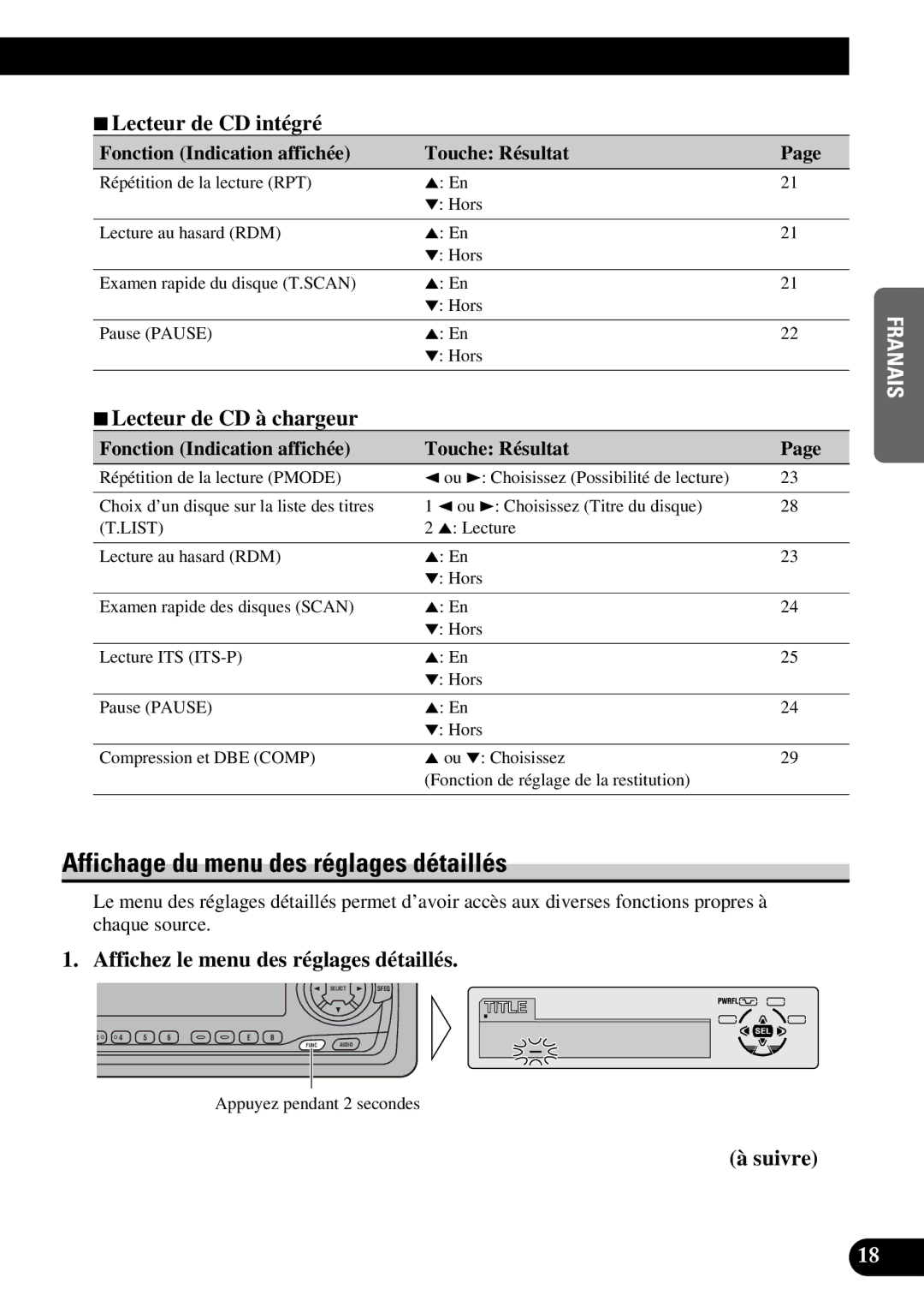 Pioneer DEH-P6300 Affichage du menu des réglages détaillés, 7Lecteur de CD intégré, 7Lecteur de CD à chargeur 