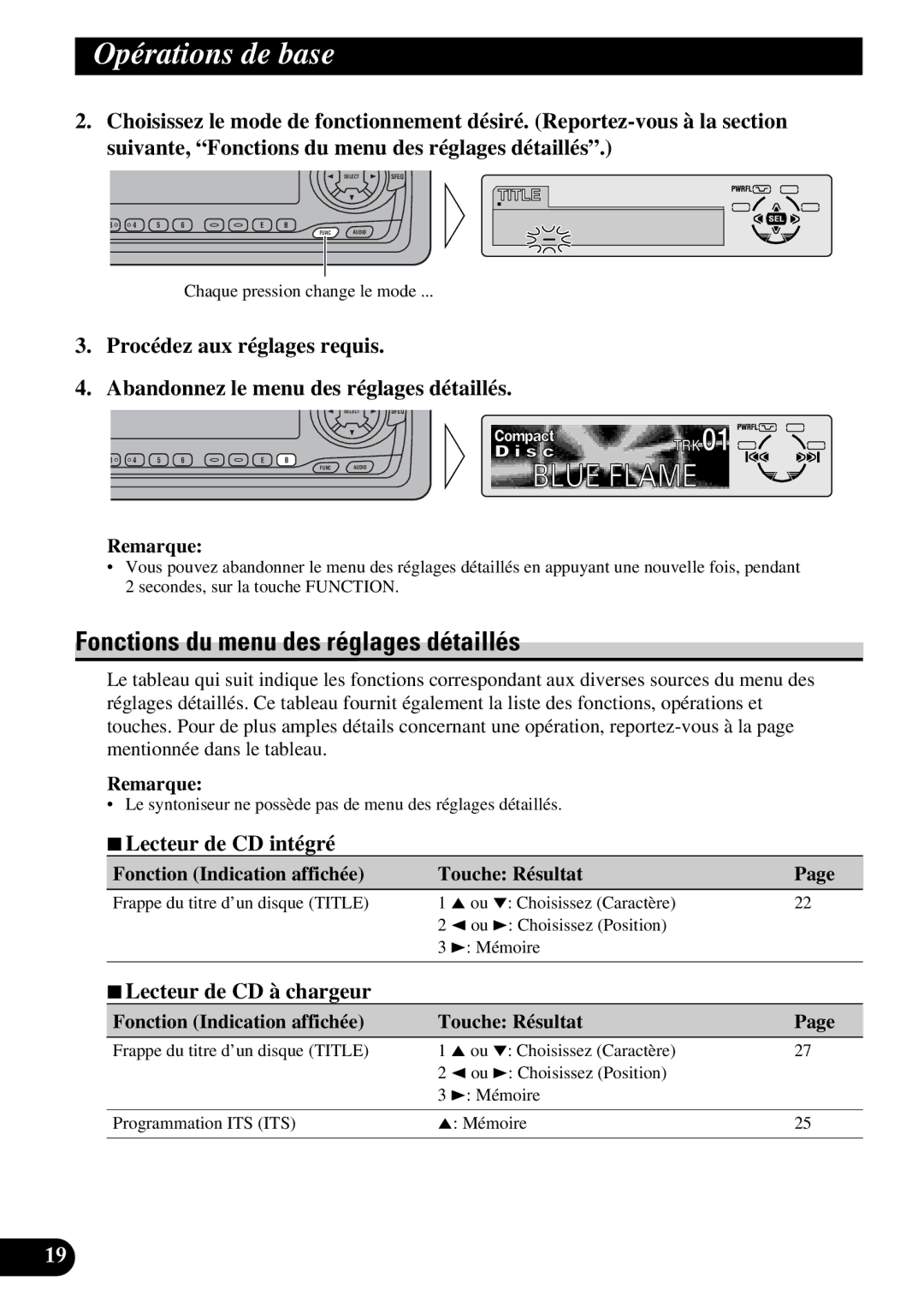 Pioneer DEH-P6300, DEH-P7300 operation manual Fonctions du menu des réglages détaillés, Lecteur de CD à chargeur 