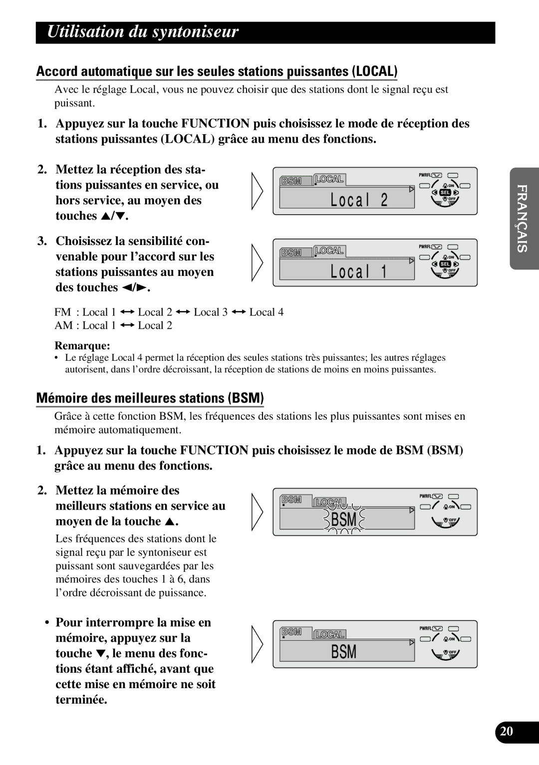 Pioneer DEH-P6300 operation manual Utilisation du syntoniseur, Accord automatique sur les seules stations puissantes Local 