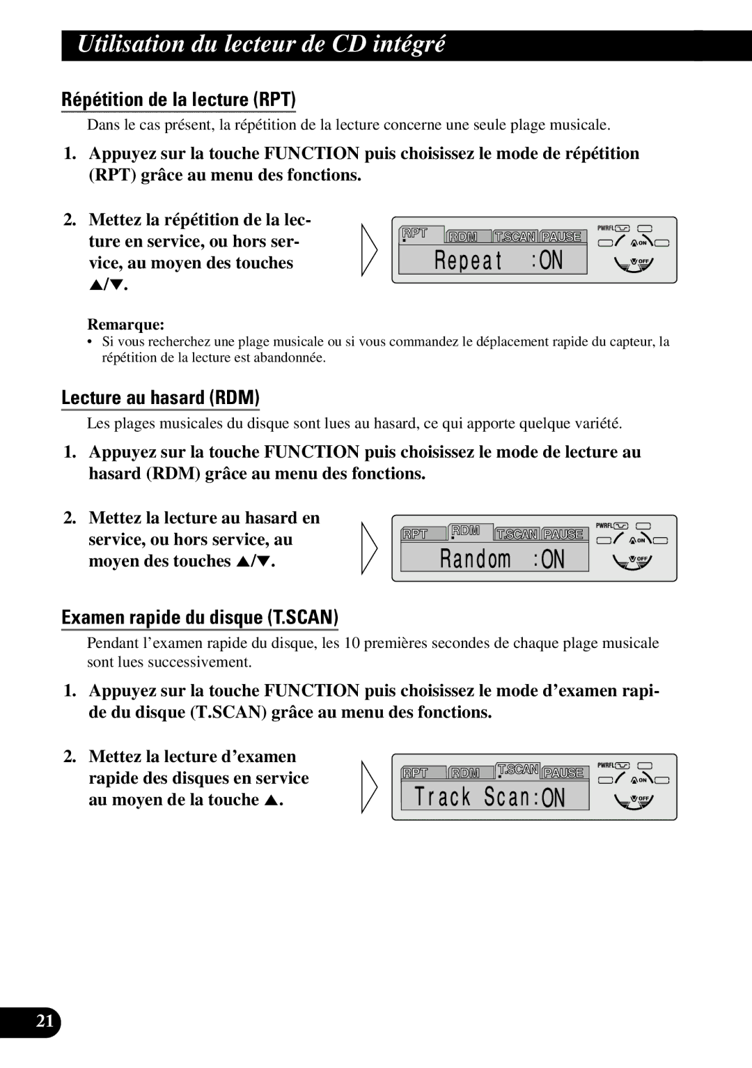 Pioneer DEH-P6300, DEH-P7300 Utilisation du lecteur de CD intégré, Répétition de la lecture RPT, Lecture au hasard RDM 