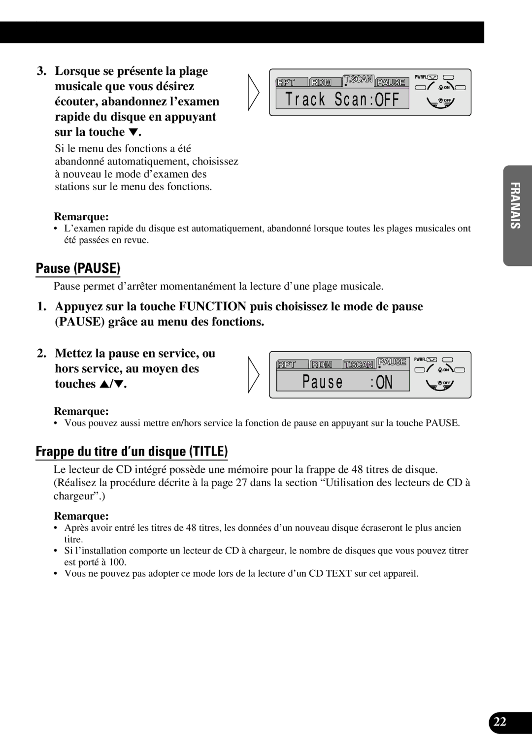 Pioneer DEH-P6300, DEH-P7300 operation manual Pause Pause, Frappe du titre d’un disque Title 