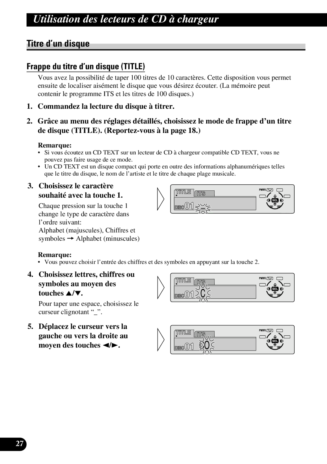 Pioneer DEH-P6300, DEH-P7300 operation manual Titre d’un disque, Choisissez le caractère Souhaité avec la touche 