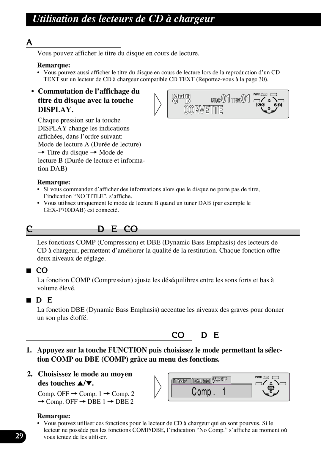 Pioneer DEH-P6300, DEH-P7300 operation manual Compression et DBE Comp, Affichage du titre du disque 