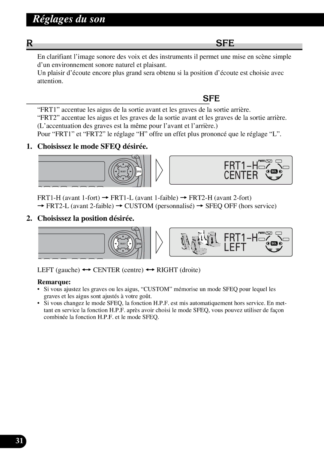 Pioneer DEH-P6300, DEH-P7300 operation manual Réglages du son, Réglage de l’égaliseur de focalisation sonore Sfeq 