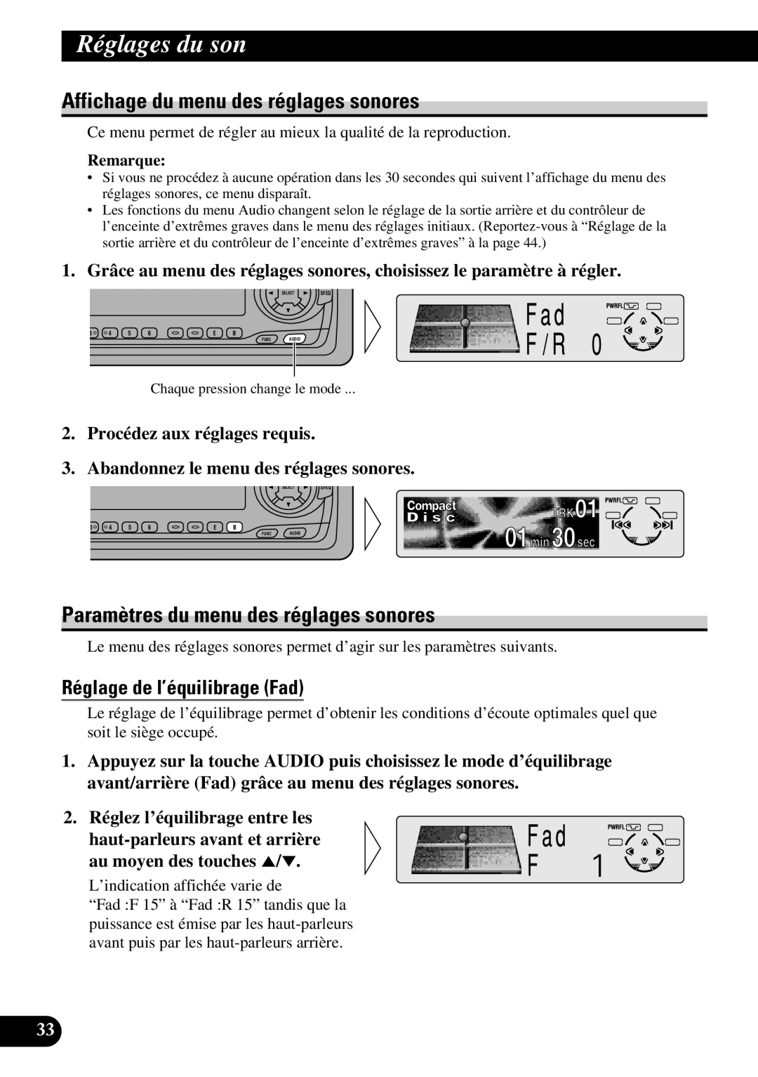 Pioneer DEH-P6300, DEH-P7300 Affichage du menu des réglages sonores, Paramètres du menu des réglages sonores 