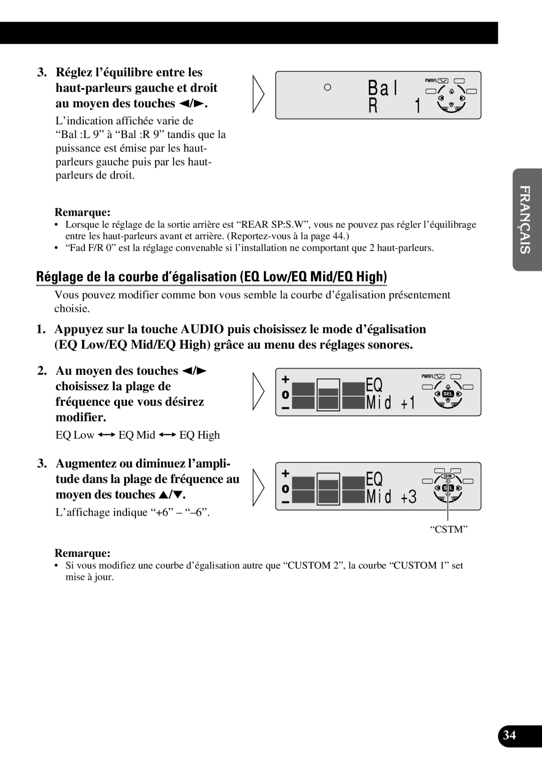 Pioneer DEH-P6300, DEH-P7300 Réglage de la courbe d’égalisation EQ Low/EQ Mid/EQ High, ’affichage indique +6 