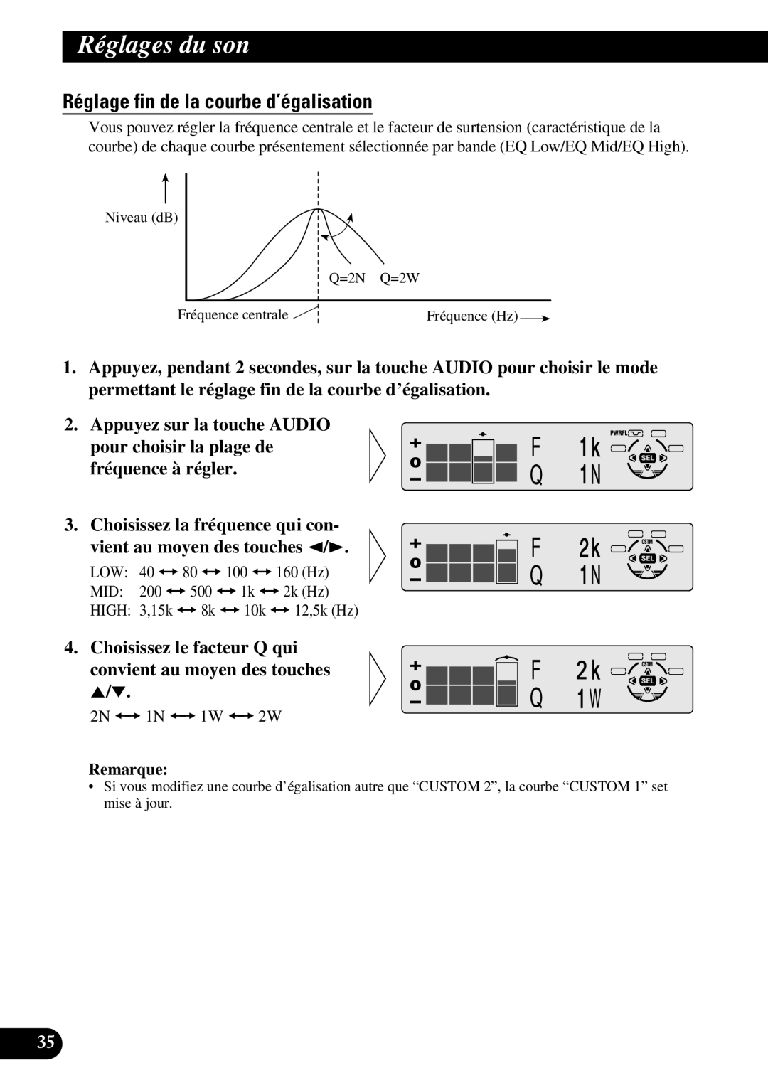 Pioneer DEH-P6300, DEH-P7300 operation manual Réglage fin de la courbe d’égalisation, 2N += 1N += 1W += 2W 