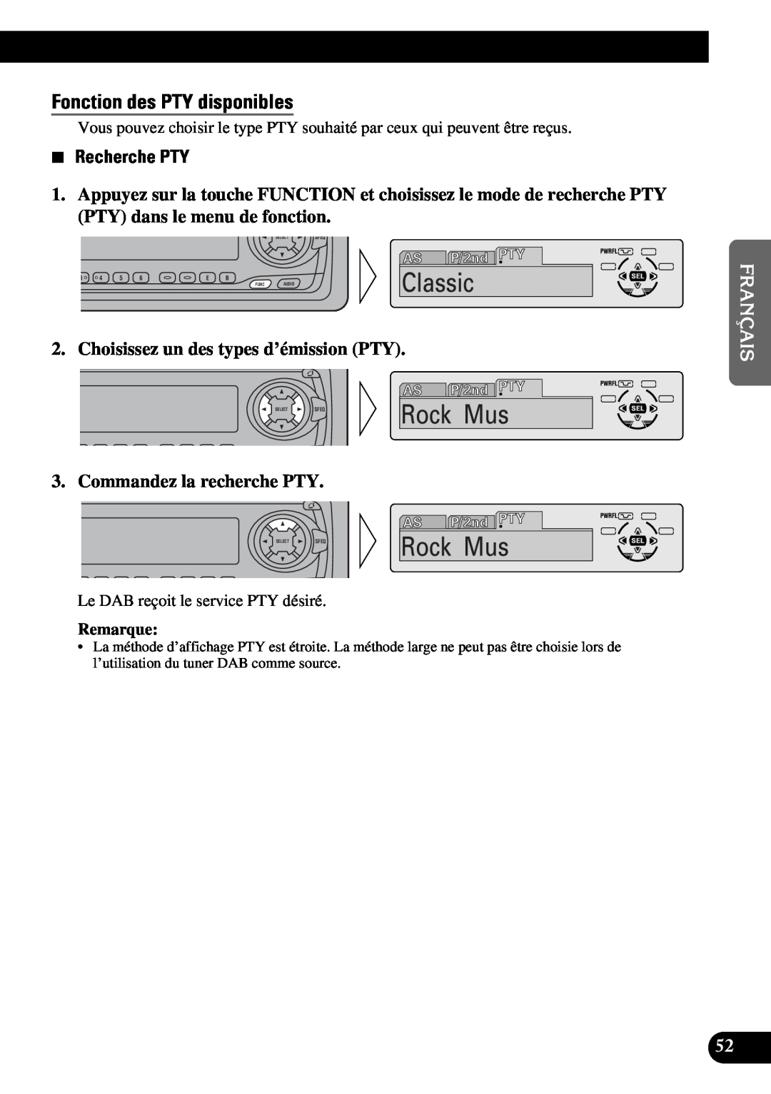 Pioneer DEH-P6300 Fonction des PTY disponibles, Recherche PTY, Choisissez un des types d’émission PTY, Remarque, Funcaudio 