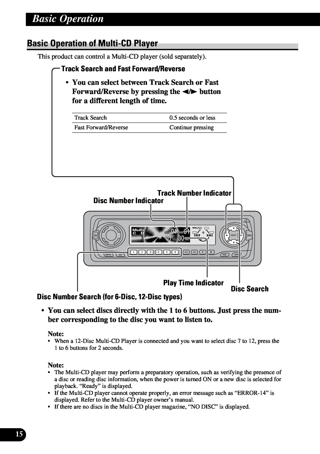 Pioneer DEH-P6300, DEH-P7300 operation manual Basic Operation of Multi-CD Player, Track Search and Fast Forward/Reverse 