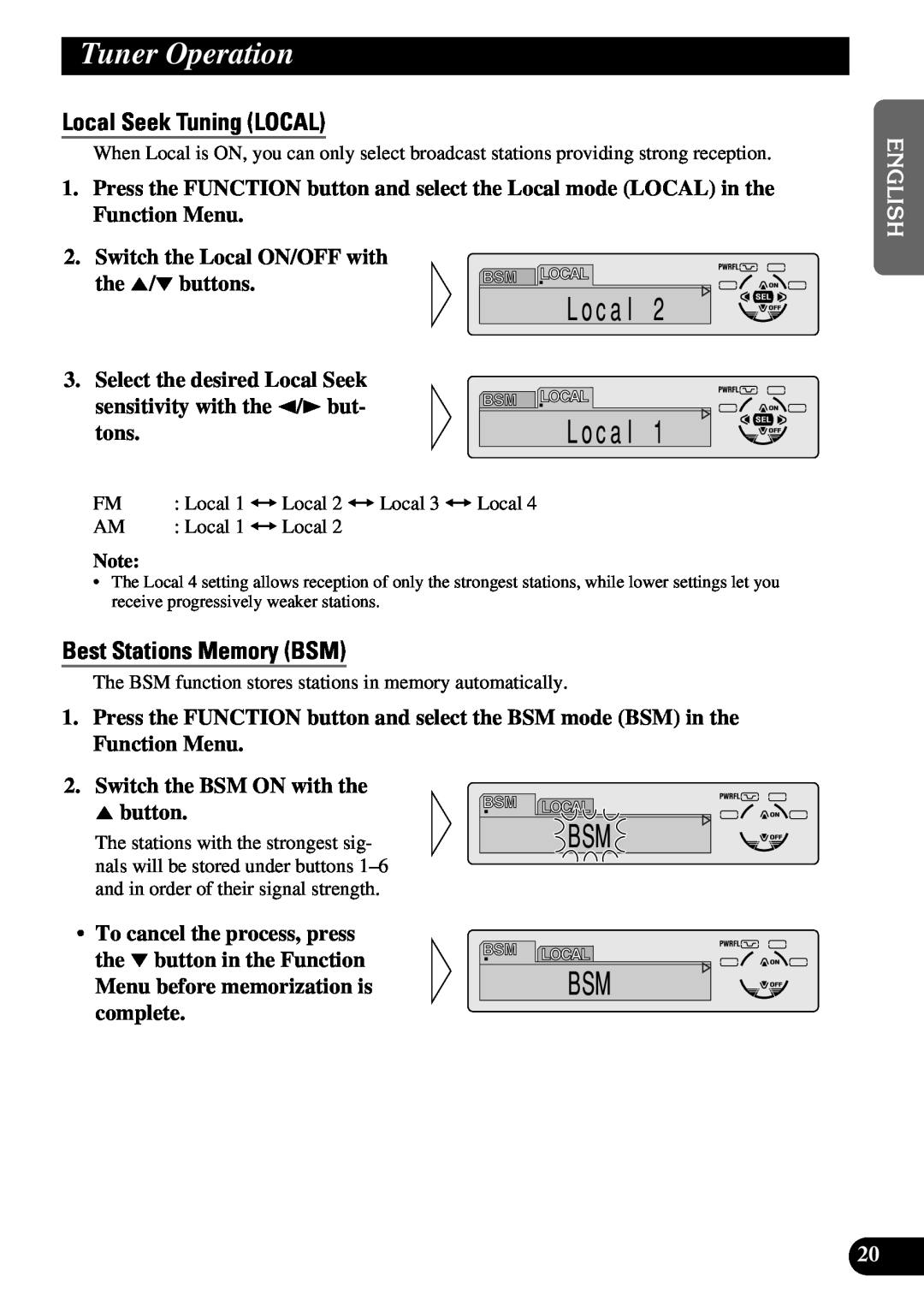 Pioneer DEH-P6300 Tuner Operation, Local Seek Tuning LOCAL, Best Stations Memory BSM, Switch the BSM ON with the 5 button 
