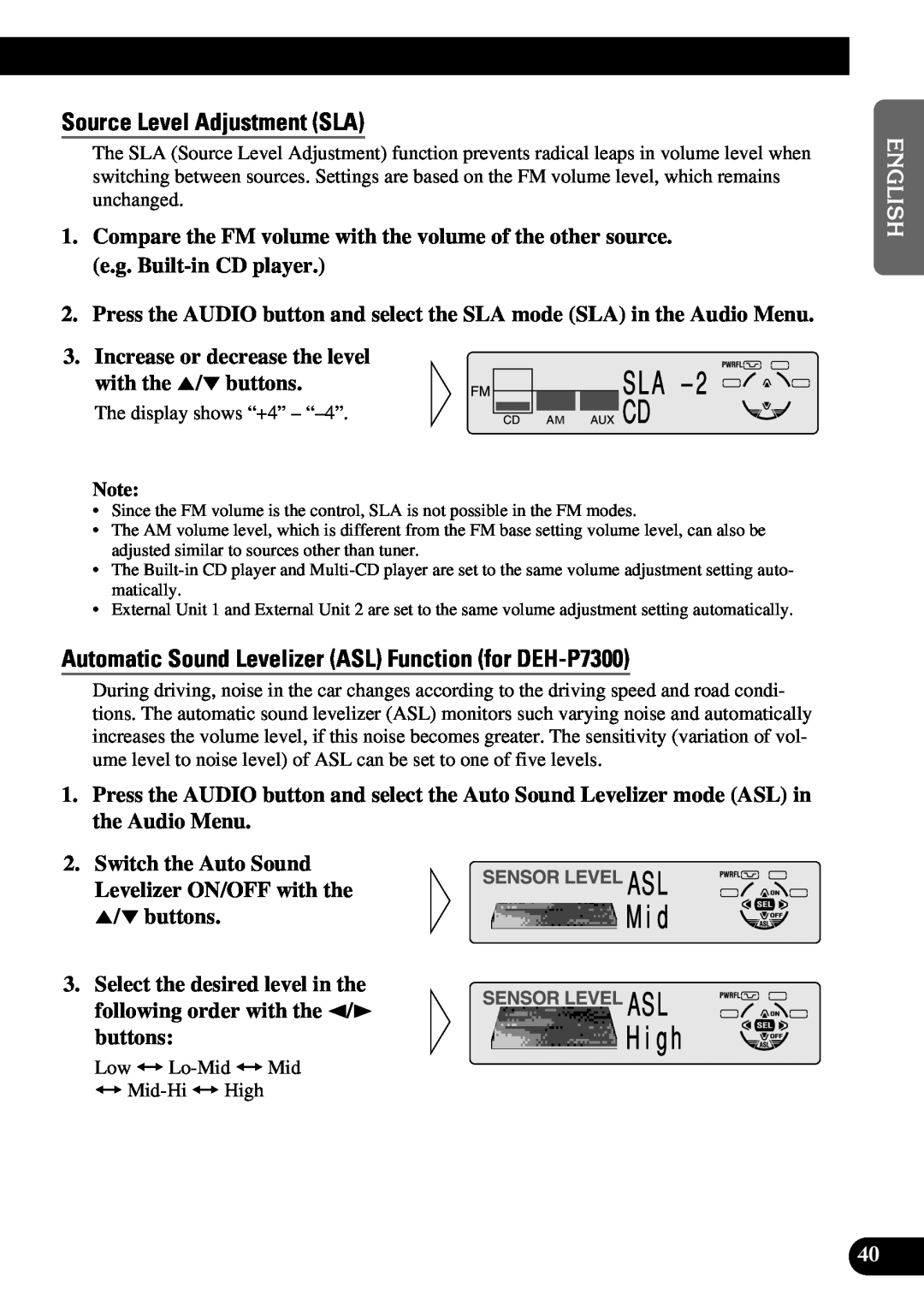 Pioneer DEH-P6300, DEH-P7300 Source Level Adjustment SLA, Automatic Sound Levelizer ASL Function for DEH-P7300 
