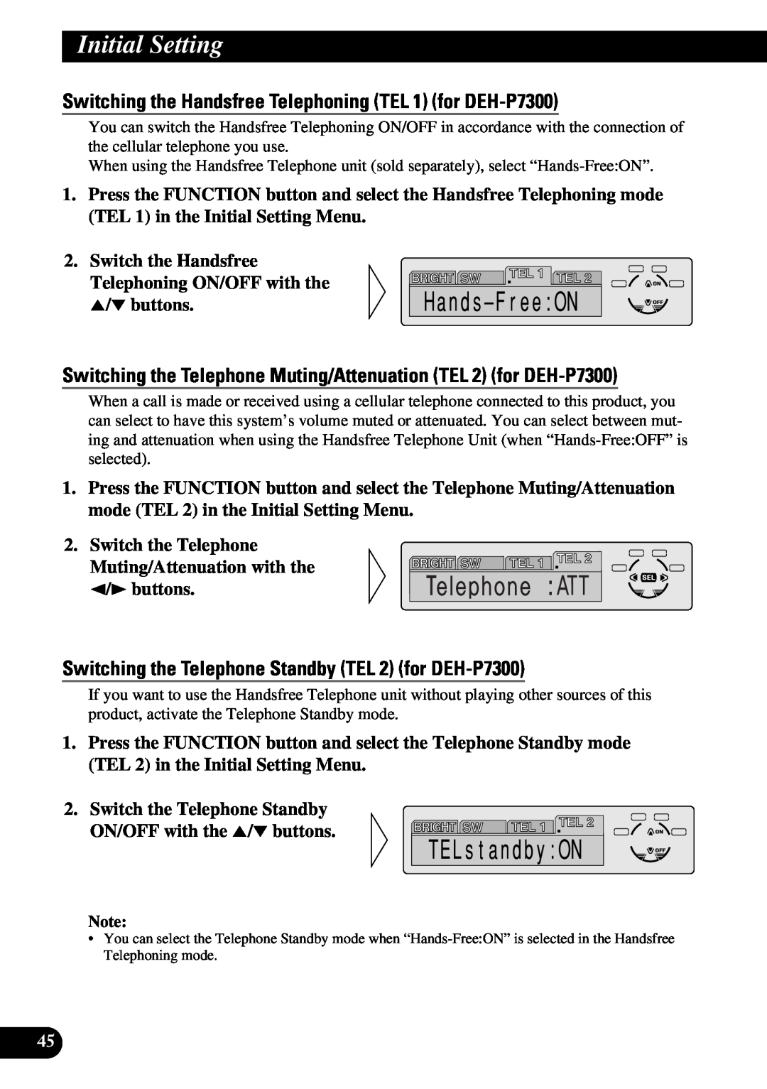 Pioneer DEH-P6300, DEH-P7300 operation manual Switching the Handsfree Telephoning TEL 1 for DEH-P7300, Initial Setting 