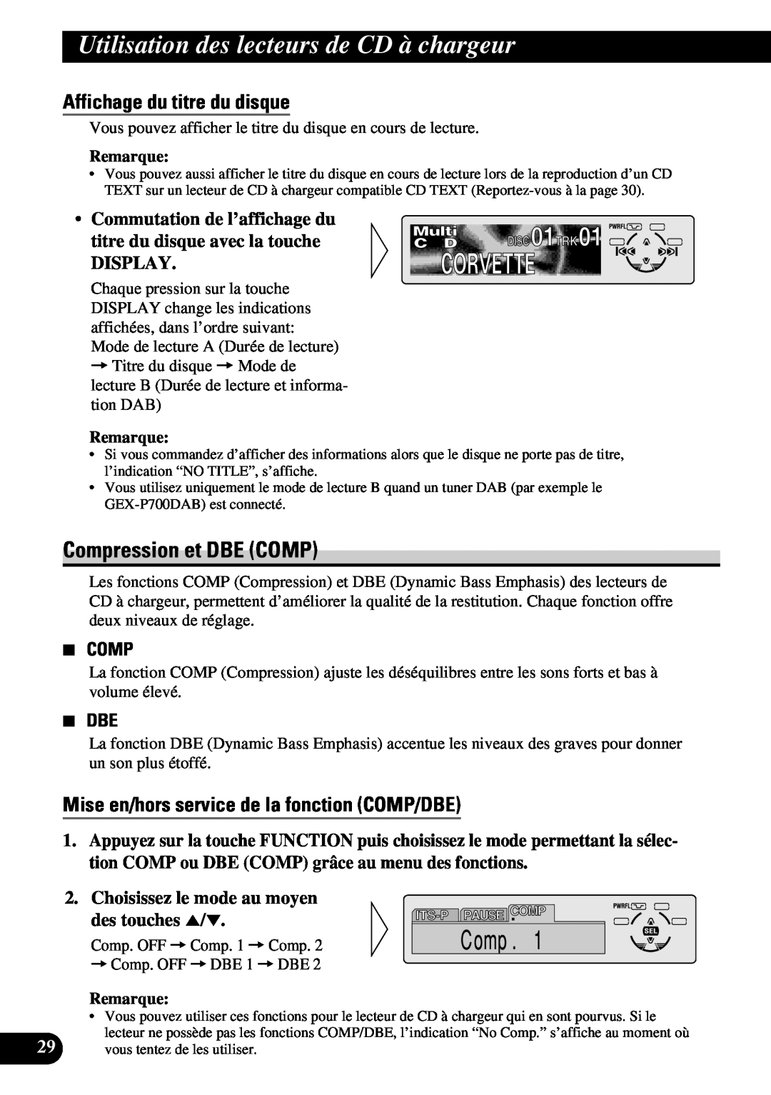 Pioneer DEH-P6300, DEH-P7300 operation manual Compression et DBE COMP, Affichage du titre du disque, 7 DBE, Remarque 