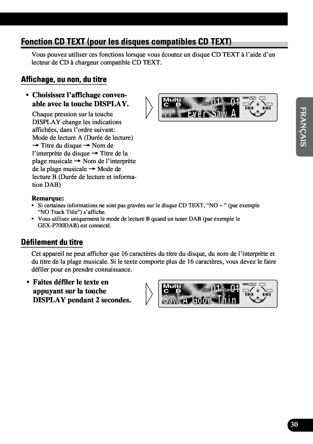 Pioneer DEH-P6300 Fonction CD TEXT pour les disques compatibles CD TEXT, Affichage, ou non, du titre, Défilement du titre 