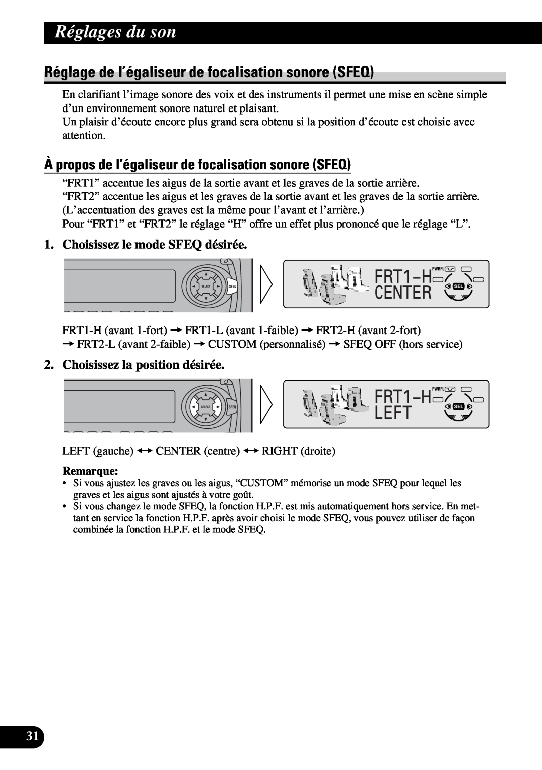 Pioneer DEH-P6300, DEH-P7300 operation manual Réglages du son, Réglage de l’égaliseur de focalisation sonore SFEQ, Remarque 