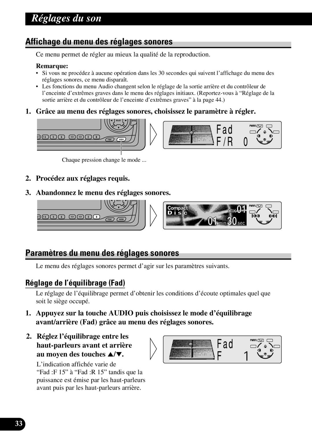 Pioneer DEH-P6300, DEH-P7300 Affichage du menu des réglages sonores, Paramètres du menu des réglages sonores, Remarque 