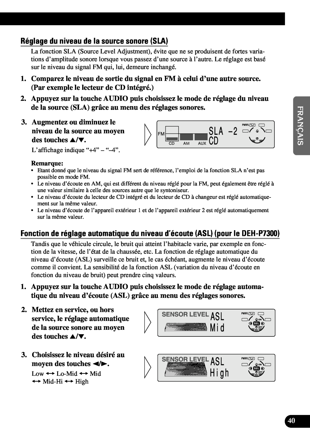 Pioneer DEH-P6300 Réglage du niveau de la source sonore SLA, Augmentez ou diminuez le, Mettez en service, ou hors 