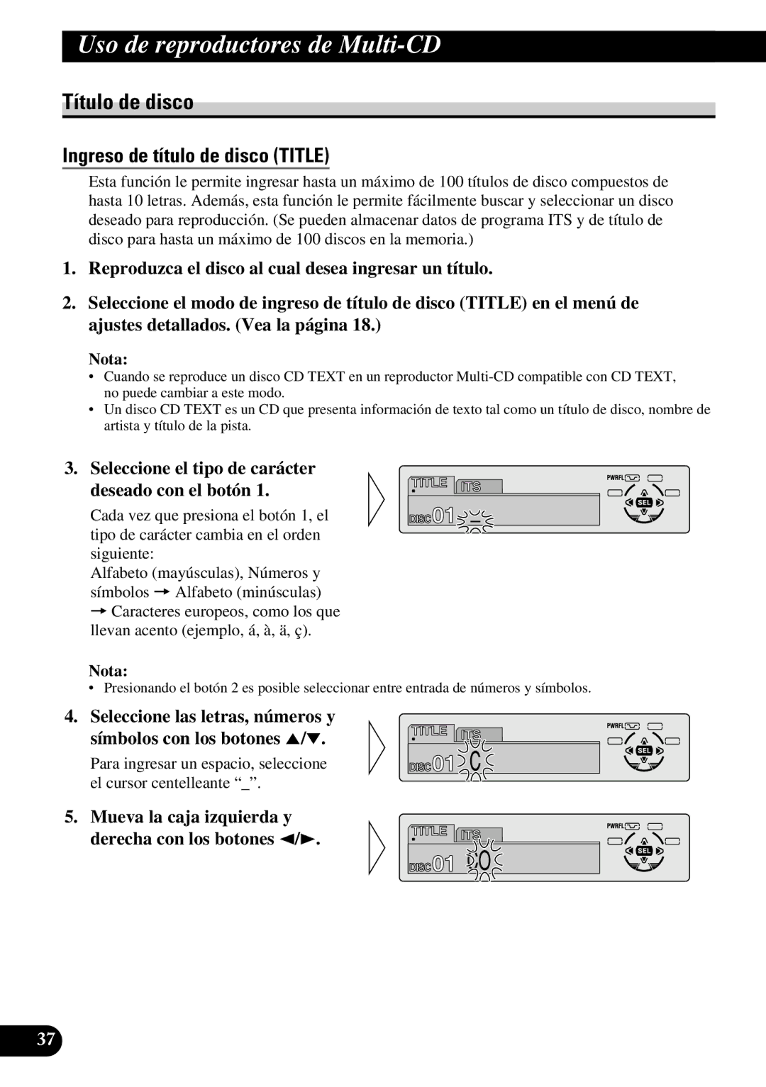 Pioneer DEH-P6300R, DEH-P7300R operation manual Título de disco, Seleccione el tipo de carácter Deseado con el botón 