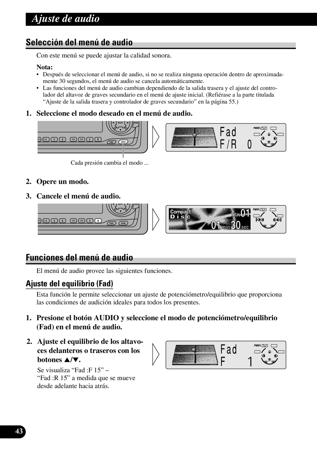 Pioneer DEH-P6300R, DEH-P7300R Selección del menú de audio, Funciones del menú de audio, Ajuste del equilibrio Fad 