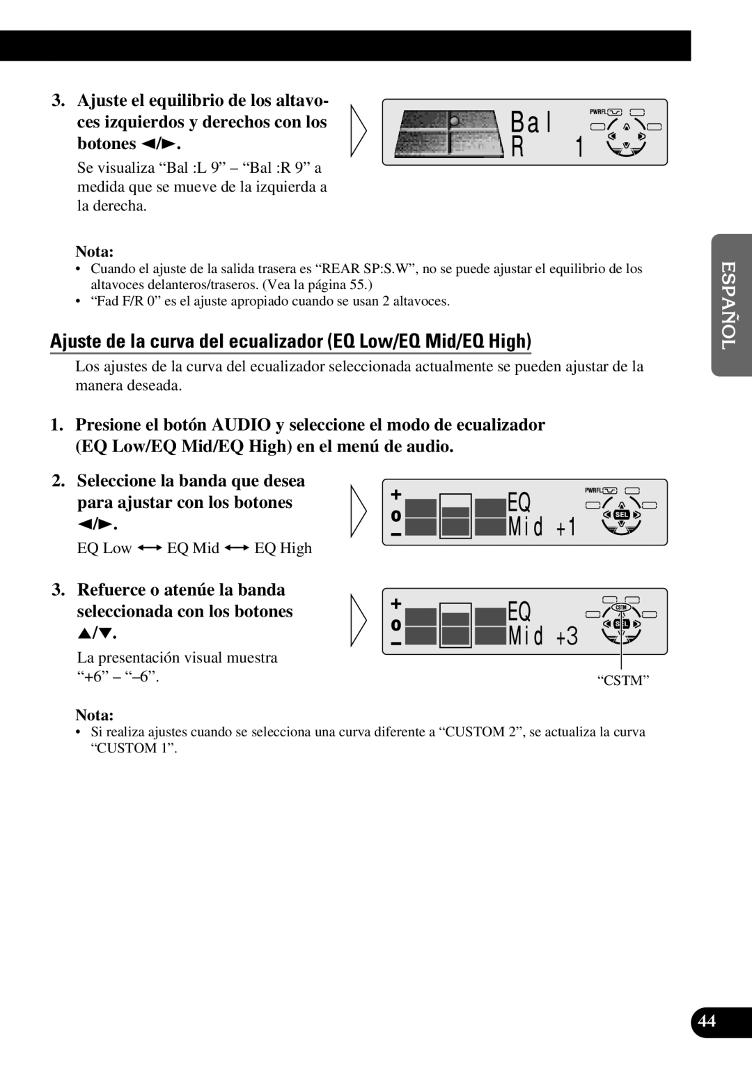 Pioneer DEH-P7300R, DEH-P6300R operation manual Ajuste de la curva del ecualizador EQ Low/EQ Mid/EQ High 