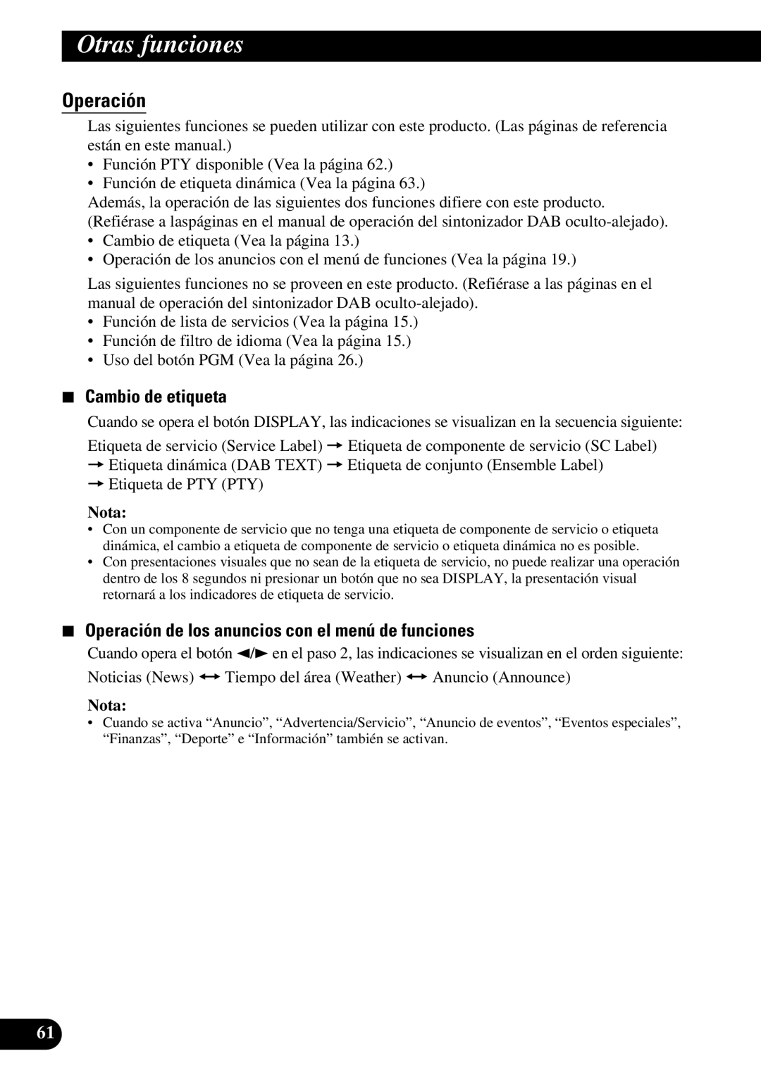 Pioneer DEH-P6300R, DEH-P7300R operation manual Cambio de etiqueta, Operación de los anuncios con el menú de funciones 