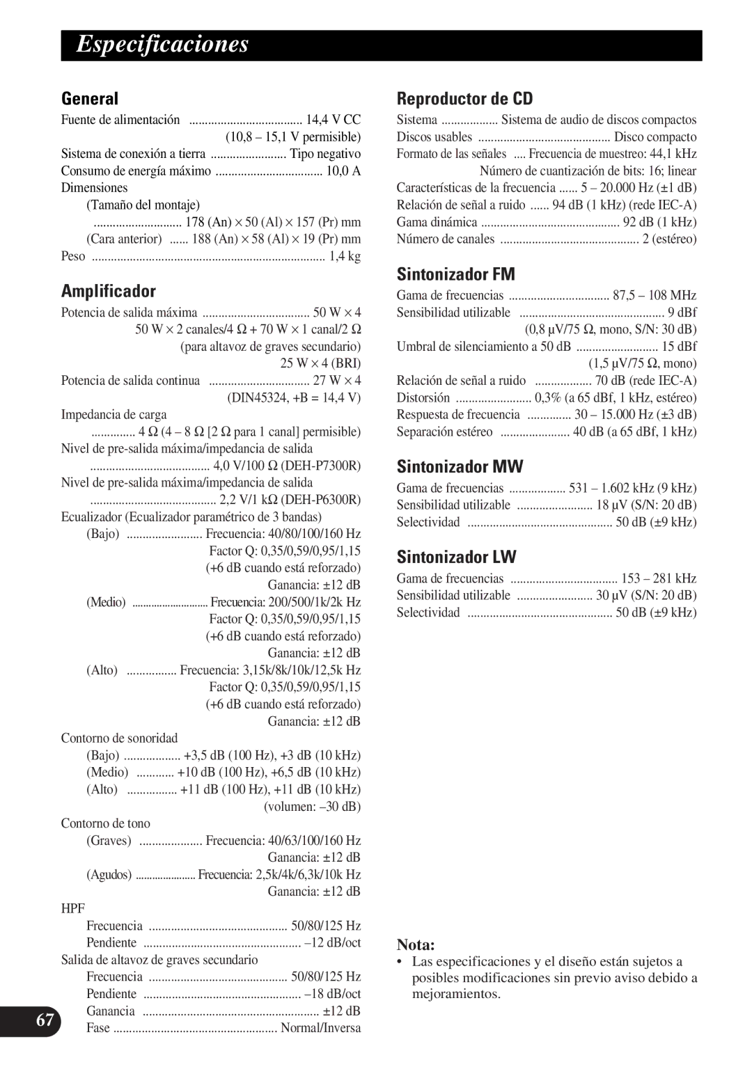 Pioneer DEH-P6300R, DEH-P7300R operation manual Especificaciones 