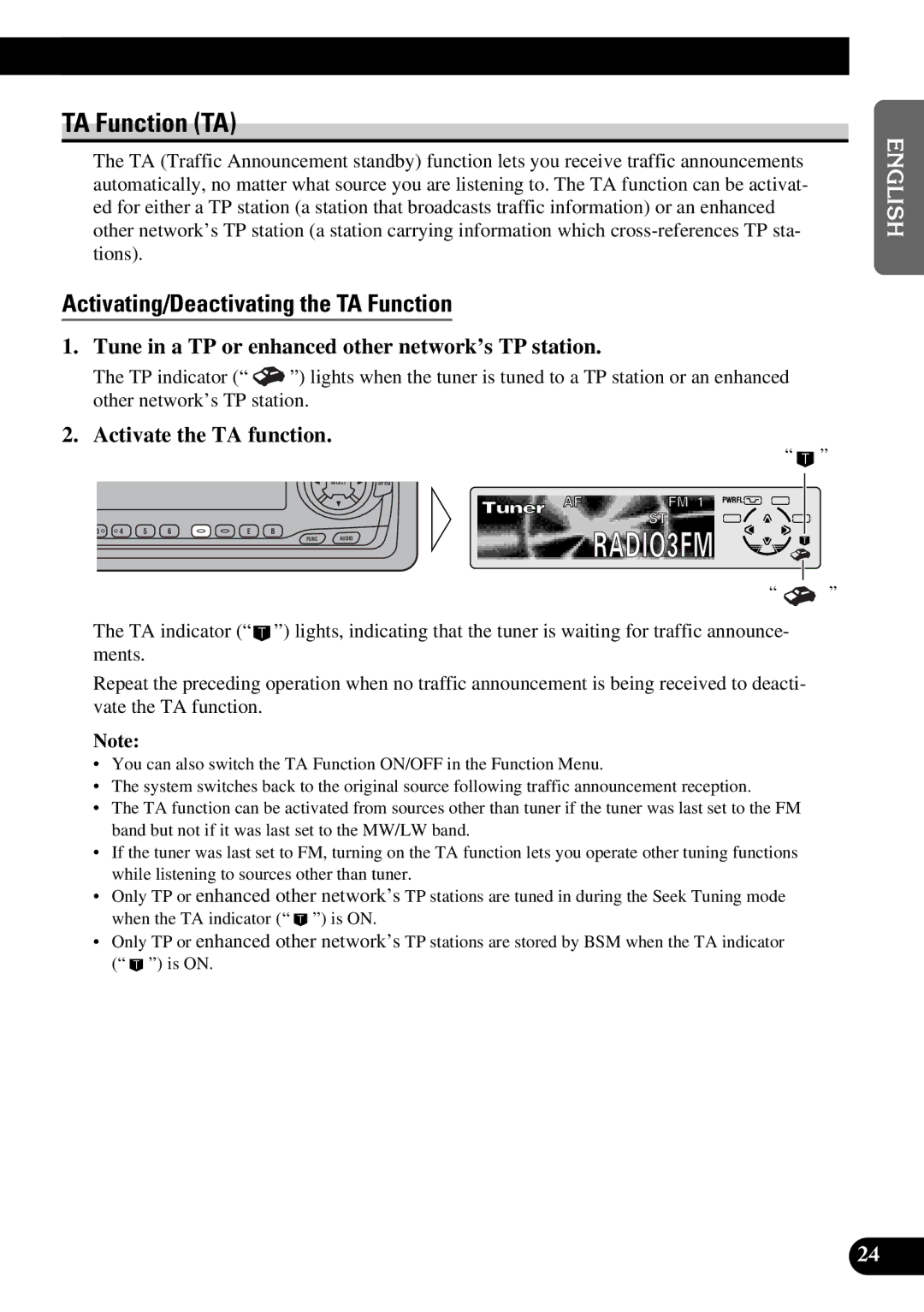 Pioneer DEH-P7300R, DEH-P6300R TA Function TA, Activating/Deactivating the TA Function, Activate the TA function 