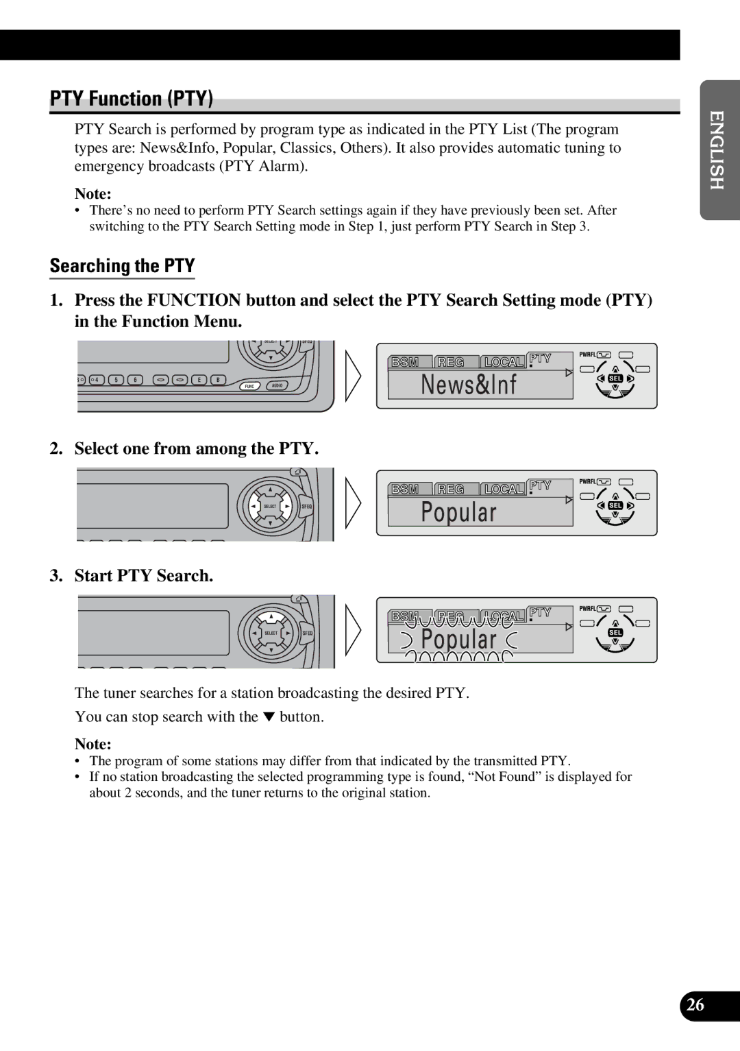 Pioneer DEH-P7300R, DEH-P6300R PTY Function PTY, Searching the PTY, Select one from among the PTY, Start PTY Search 