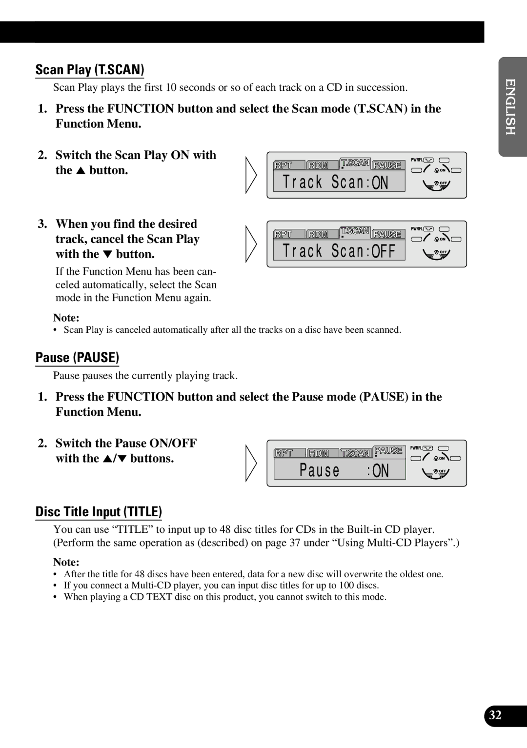 Pioneer DEH-P7300R, DEH-P6300R operation manual Scan Play T.SCAN, Pause Pause, Disc Title Input Title 