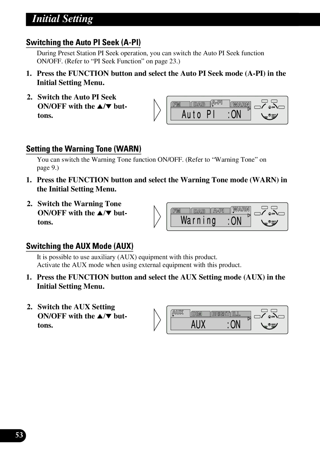 Pioneer DEH-P6300R, DEH-P7300R Switching the Auto PI Seek A-PI, Setting the Warning Tone Warn, Switching the AUX Mode AUX 