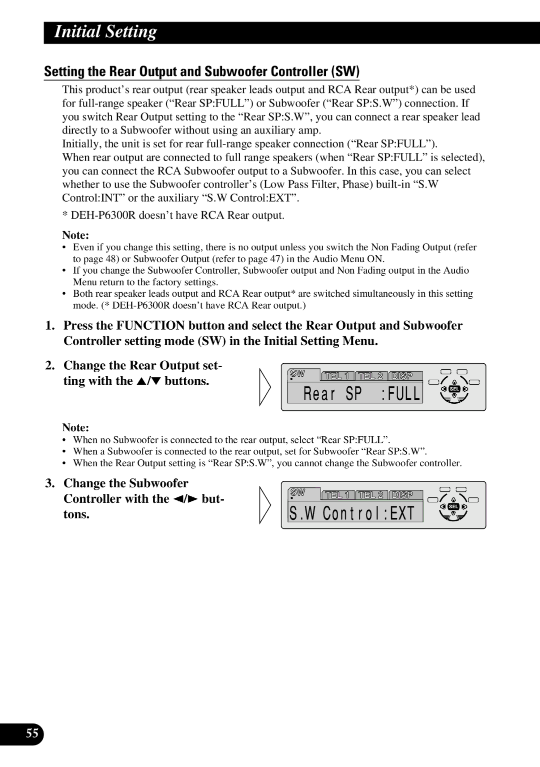 Pioneer DEH-P6300R, DEH-P7300R operation manual Setting the Rear Output and Subwoofer Controller SW 