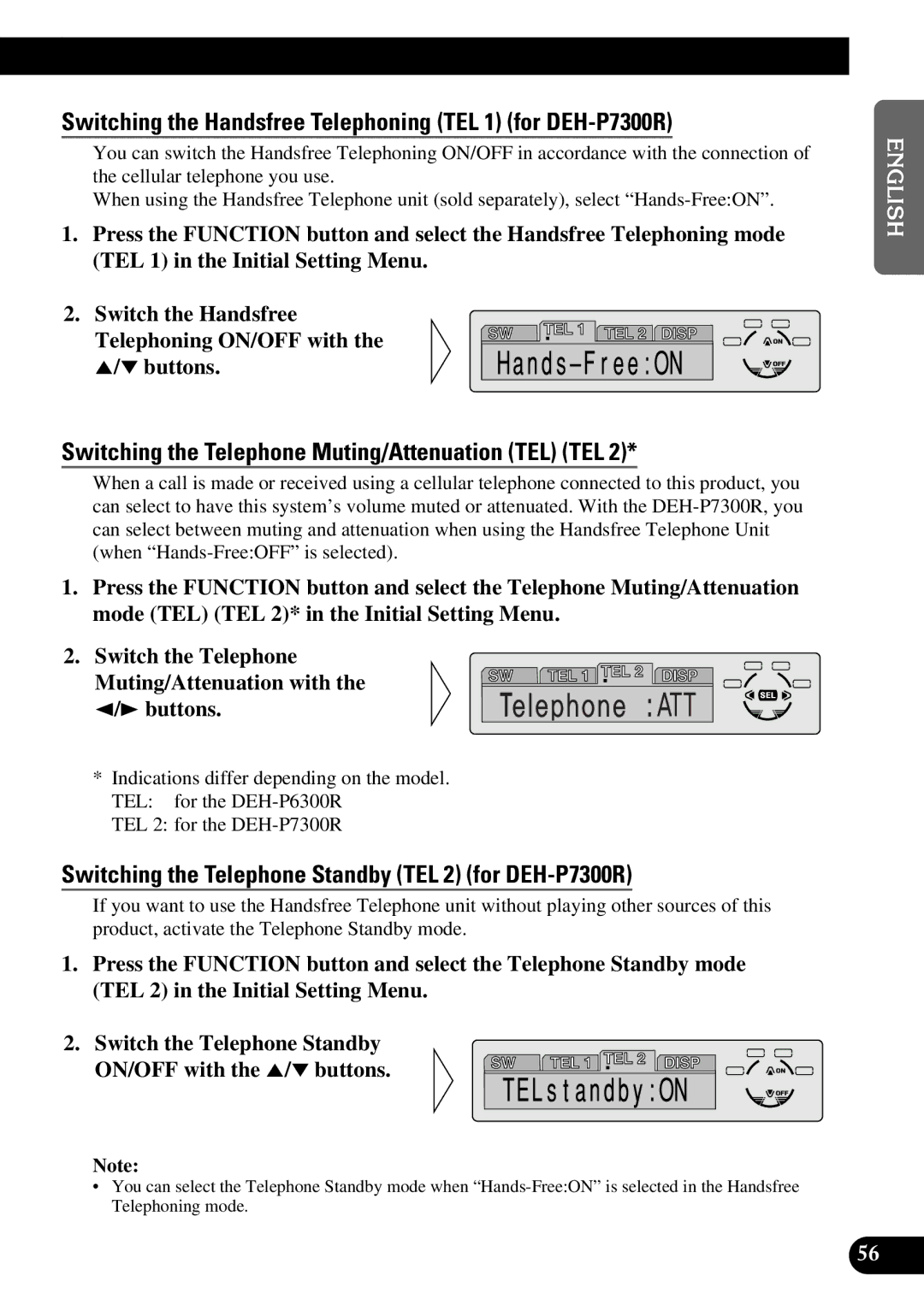 Pioneer Switching the Handsfree Telephoning TEL 1 for DEH-P7300R, Switching the Telephone Muting/Attenuation TEL TEL 