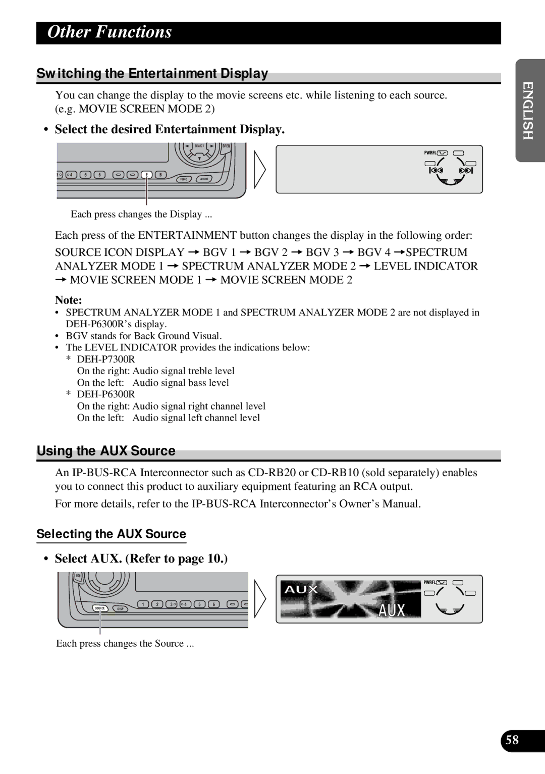 Pioneer DEH-P7300R Other Functions, Switching the Entertainment Display, Using the AUX Source, Selecting the AUX Source 