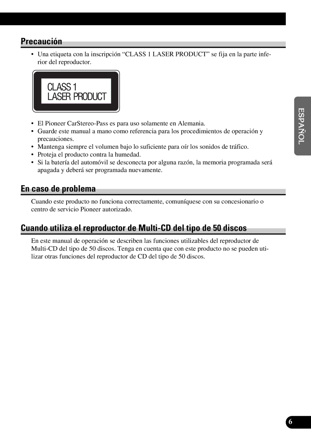 Pioneer DEH-P7300R, DEH-P6300R operation manual Precaución, En caso de problema 