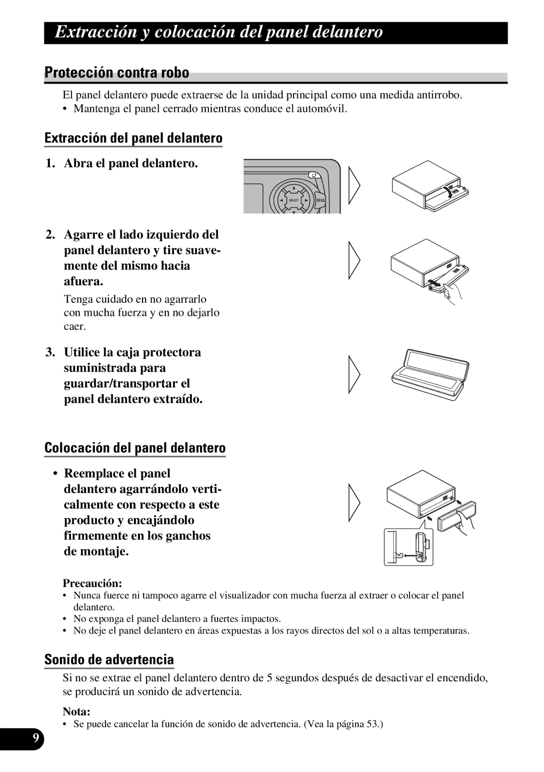 Pioneer DEH-P6300R Extracción y colocación del panel delantero, Protección contra robo, Extracción del panel delantero 