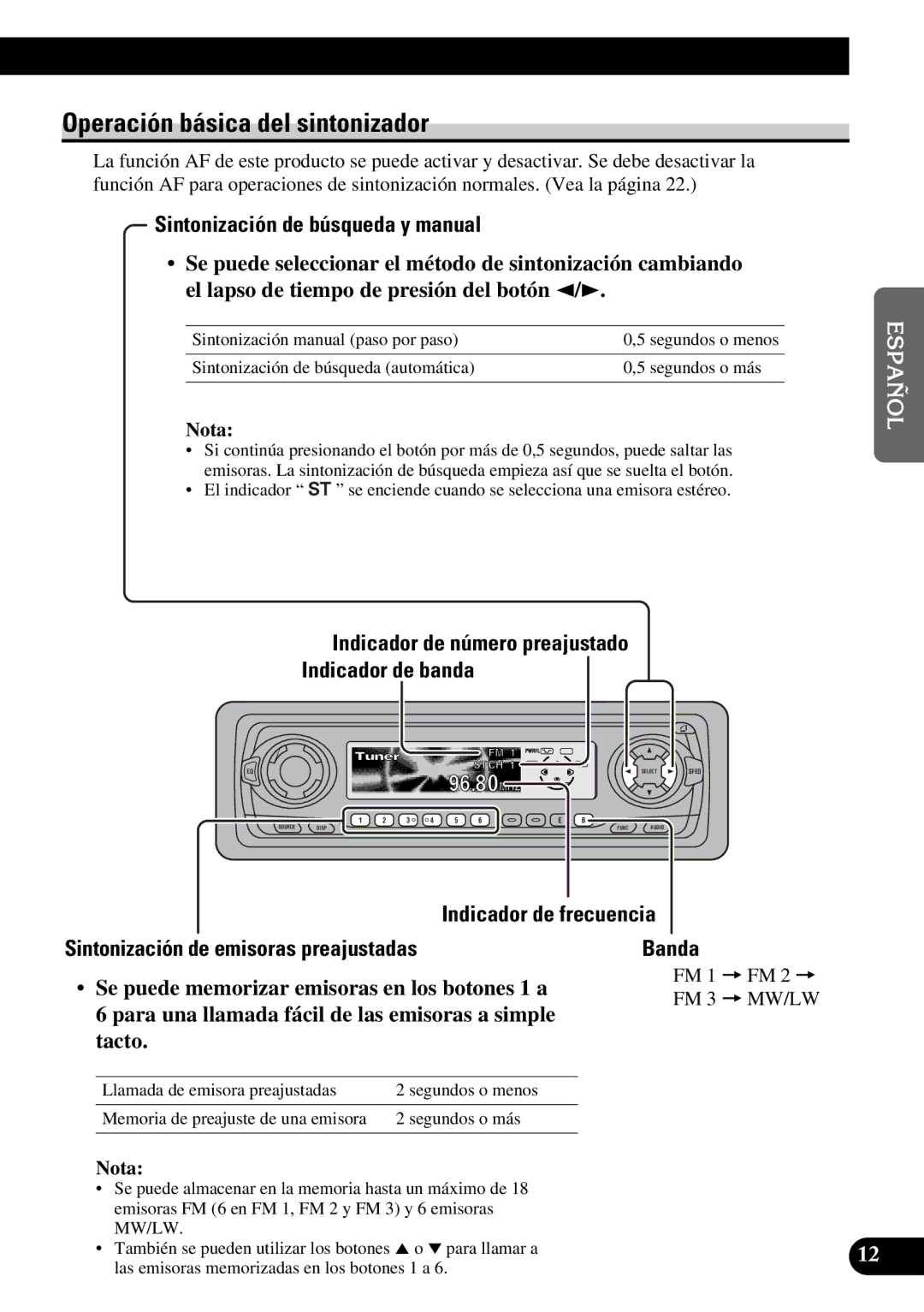 Pioneer DEH-P7300R, DEH-P6300R operation manual Operación básica del sintonizador, Sintonización de búsqueda y manual 