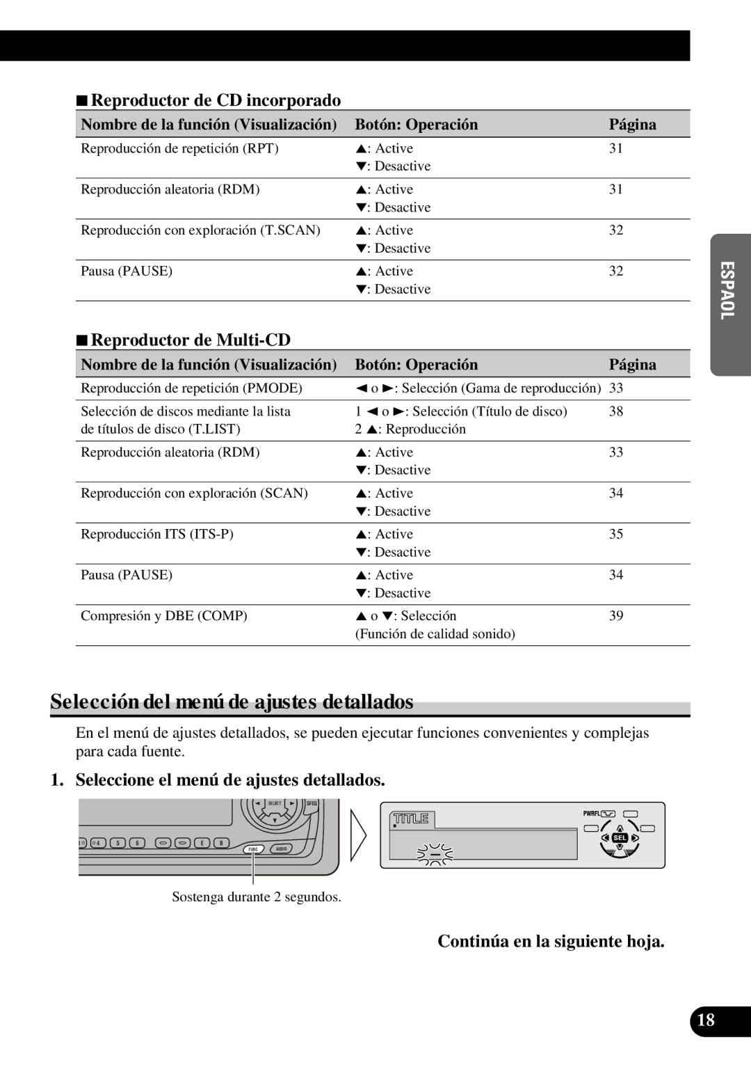 Pioneer DEH-P7300R Selección del menú de ajustes detallados, Reproductor de CD incorporado, 7Reproductor de Multi-CD 