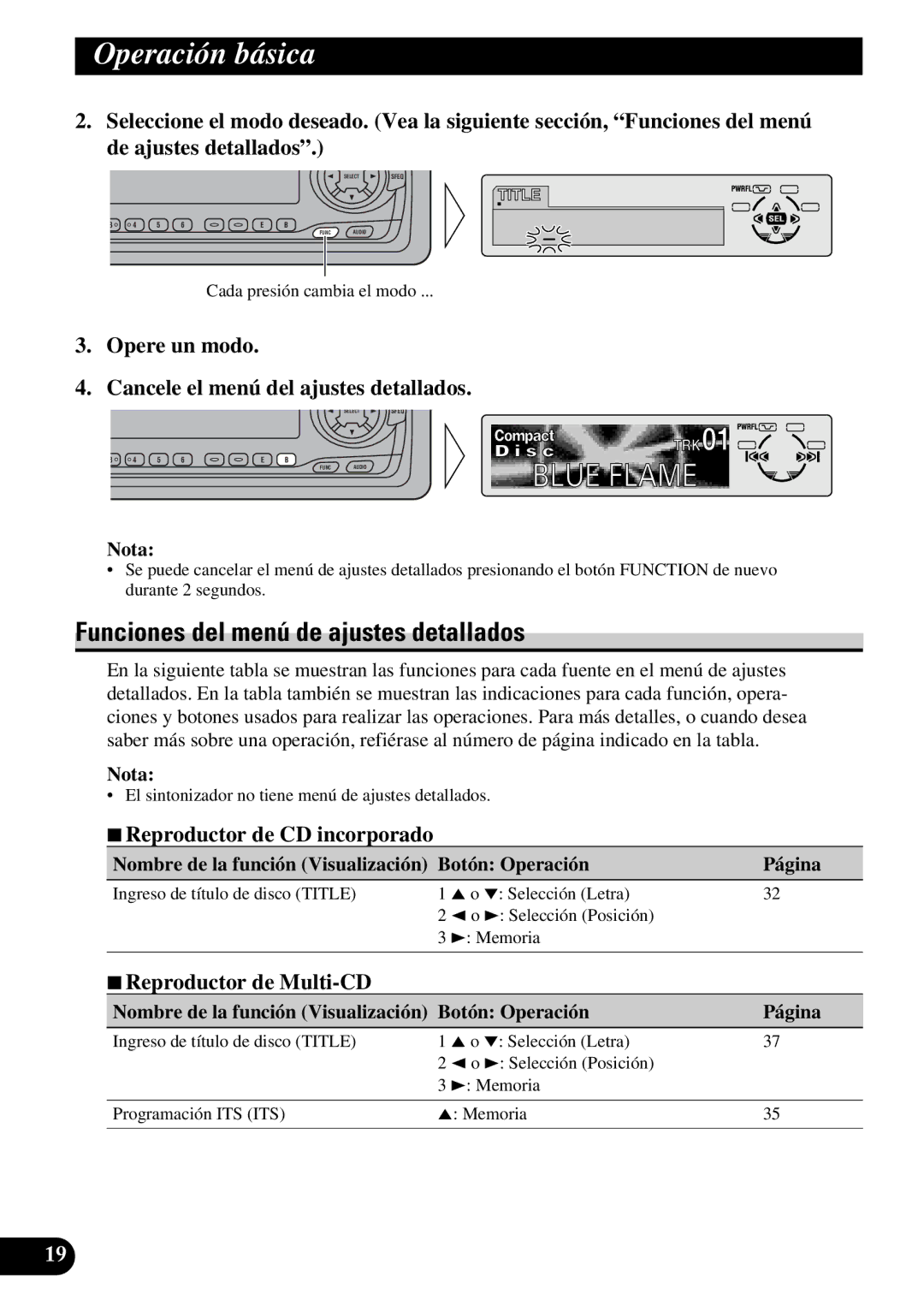 Pioneer DEH-P6300R Funciones del menú de ajustes detallados, Opere un modo Cancele el menú del ajustes detallados 